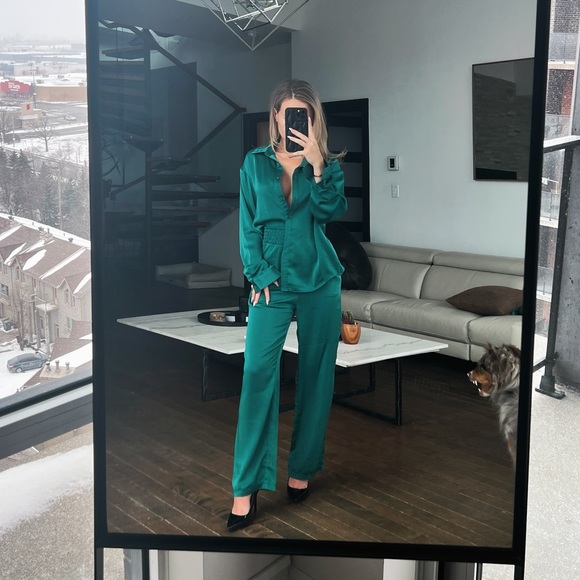 Green Solid Button
Front Satin Blouse & Pants
Set - Picture 1 of 1